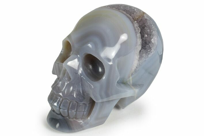 Polished Banded Agate Skull with Quartz Crystal Pocket #237025